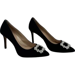 Pair Banana Republic Black Suede Crystal Buckle Pumps Heels Size 9 Women’s